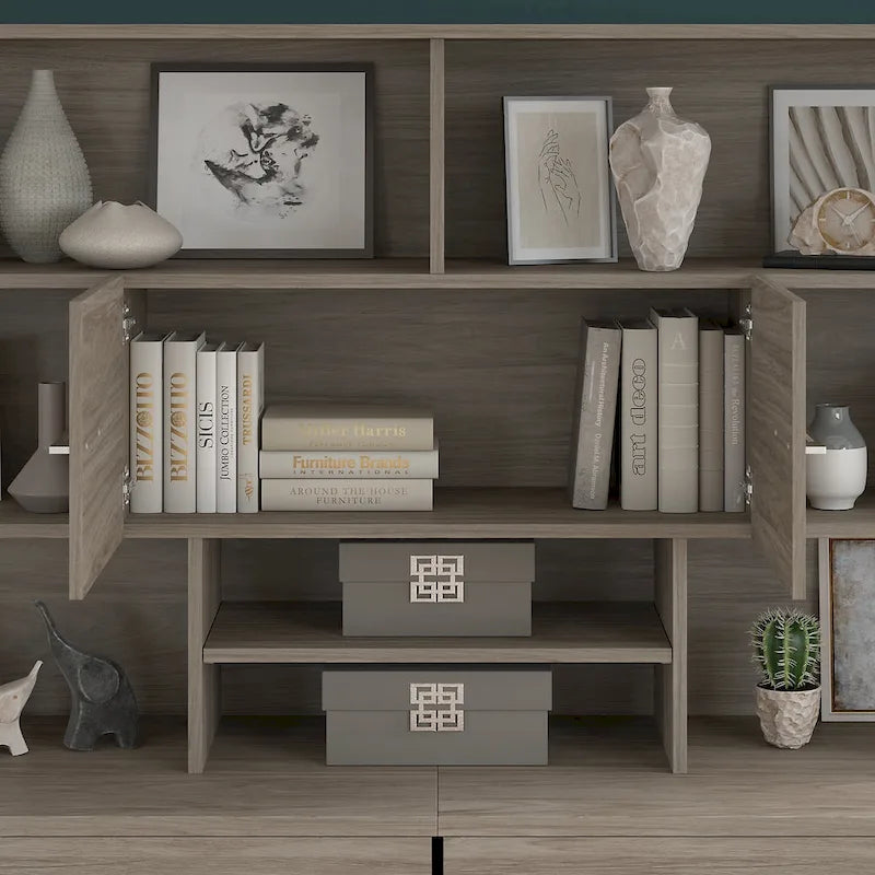 Wood Desk Hutch with Storage Cabinet and Adjustable Shelf