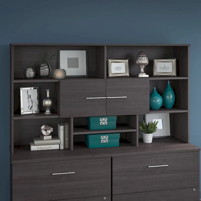 Wood Desk Hutch with Storage Cabinet and Adjustable Shelf