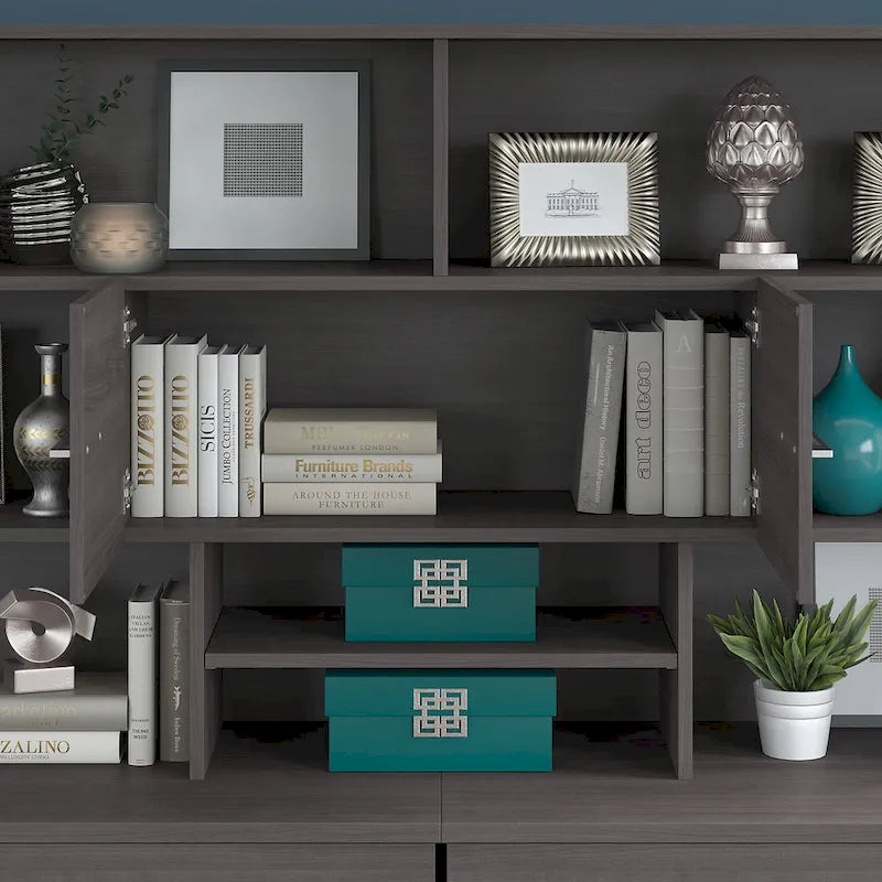Wood Desk Hutch with Storage Cabinet and Adjustable Shelf