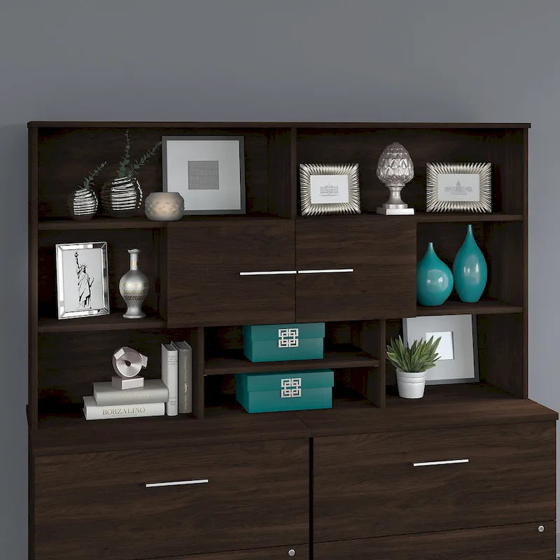 Wood Desk Hutch with Storage Cabinet and Adjustable Shelf