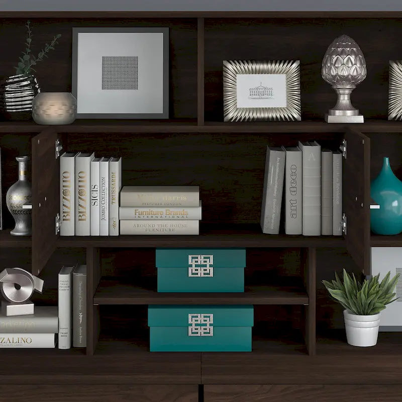 Wood Desk Hutch with Storage Cabinet and Adjustable Shelf