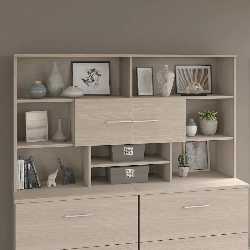 Wood Desk Hutch with Storage Cabinet and Adjustable Shelf