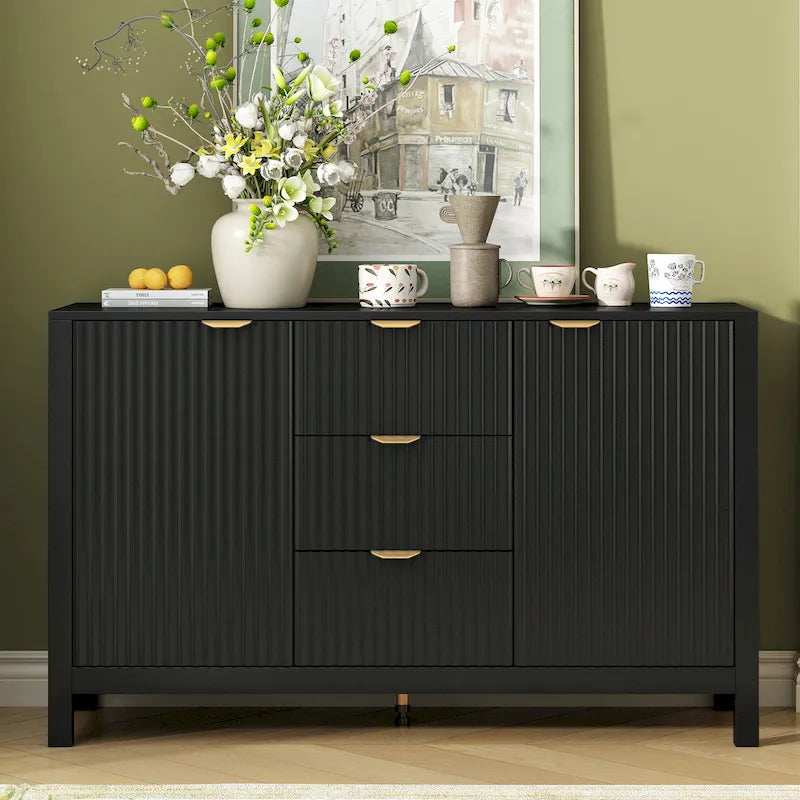 47.2W Sideboard Buffet Cabinet with Wave Design - 3 Adjustable Shelves and 3 Drawers - N/A