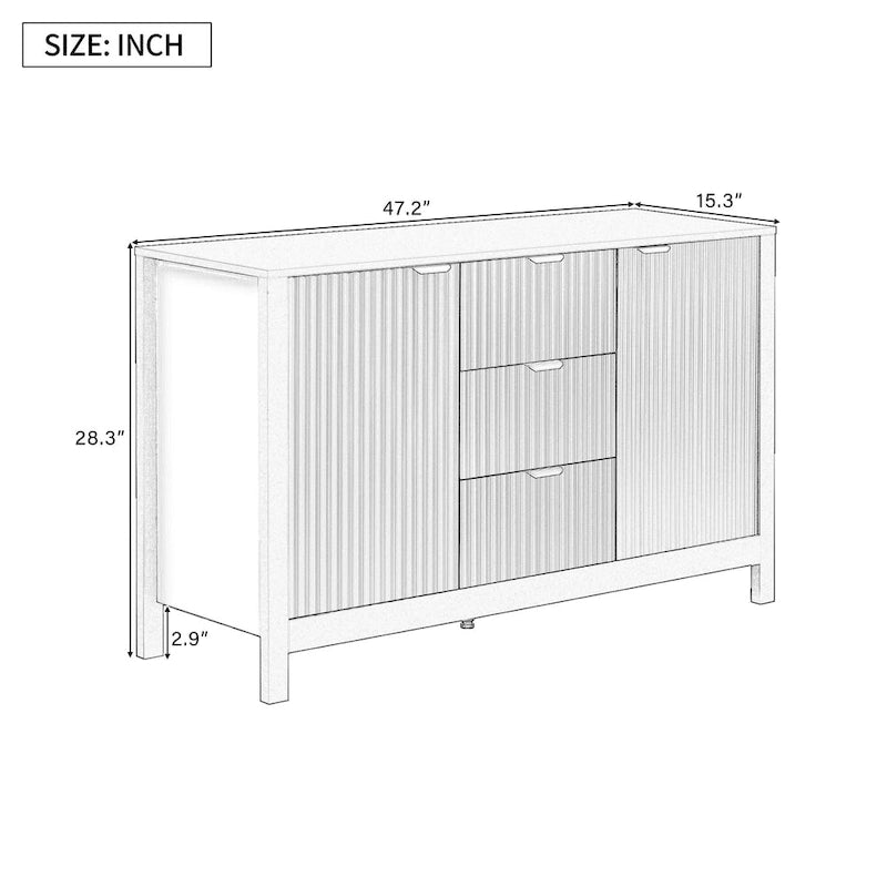 47.2W Sideboard Buffet Cabinet with Wave Design - 3 Adjustable Shelves and 3 Drawers - N/A