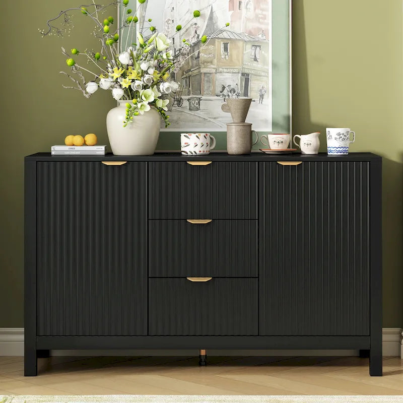 47.2W Sideboard Buffet Cabinet with Wave Design - 3 Adjustable Shelves and 3 Drawers - N/A