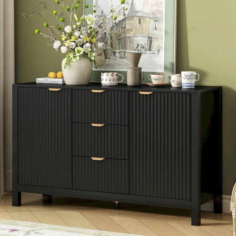 47.2W Sideboard Buffet Cabinet with Wave Design - 3 Adjustable Shelves and 3 Drawers - N/A