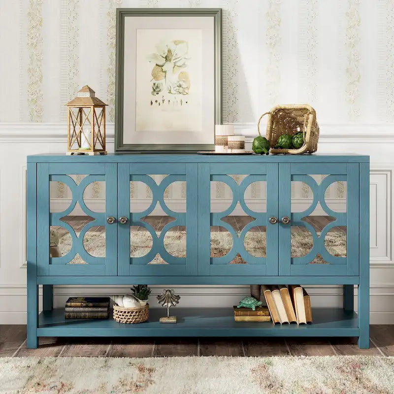 Elegant Retro Console Table/Storage Cabinet/Sideboard with Mirrored Doors, Spacious Shelves, and Durable Acacia Wood Legs