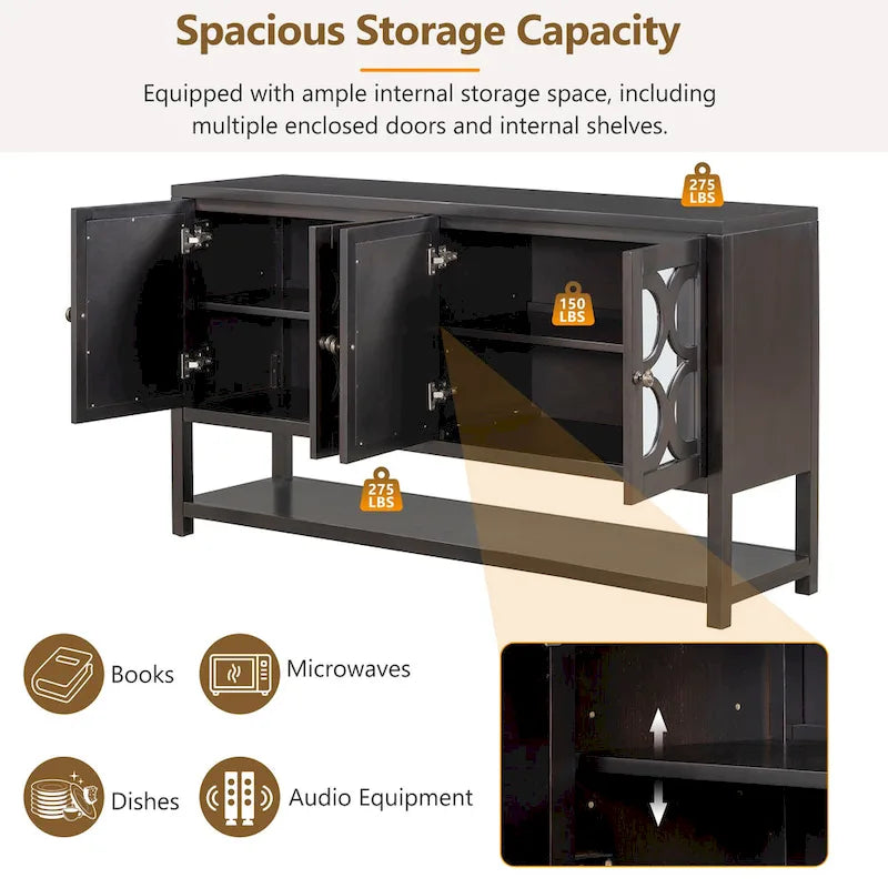Elegant Retro Console Table/Storage Cabinet/Sideboard with Mirrored Doors, Spacious Shelves, and Durable Acacia Wood Legs