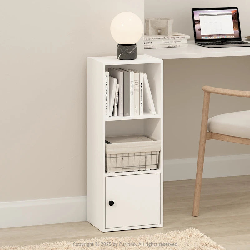 3-Tier Standing Shelf Bookcase with 1 Door Storage Cabinet, White
