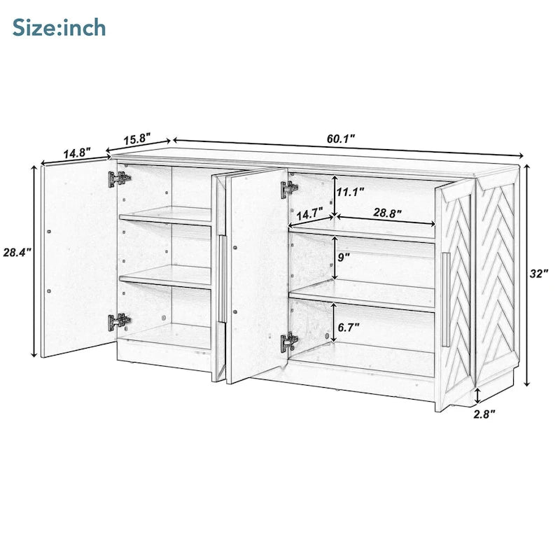 Sideboard Buffet Cabinet with Adjustable Shelves & Silver Handles