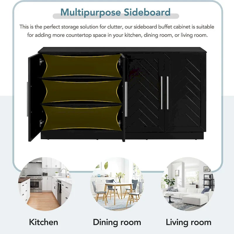 Sideboard Buffet Cabinet with Adjustable Shelves & Silver Handles