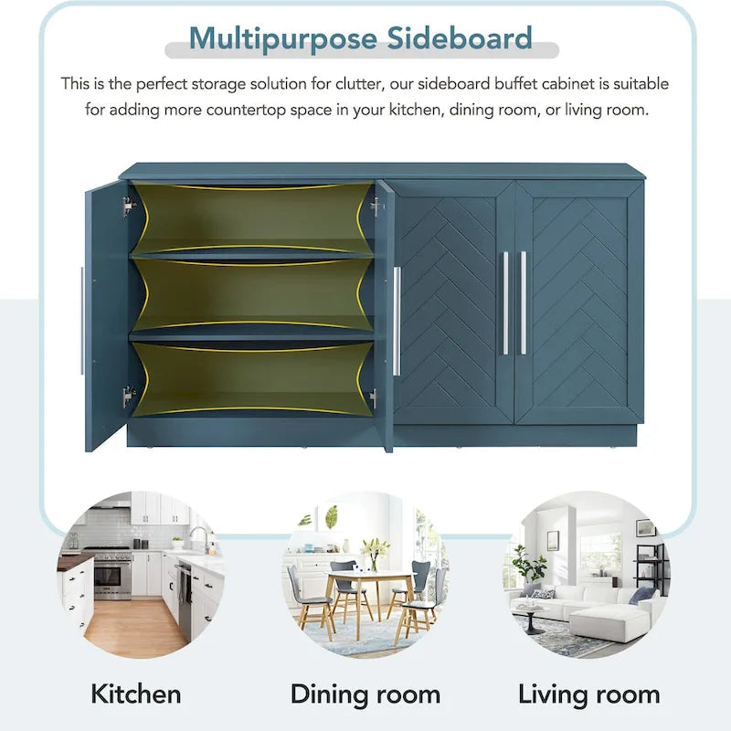 Sideboard Buffet Cabinet with Adjustable Shelves & Silver Handles