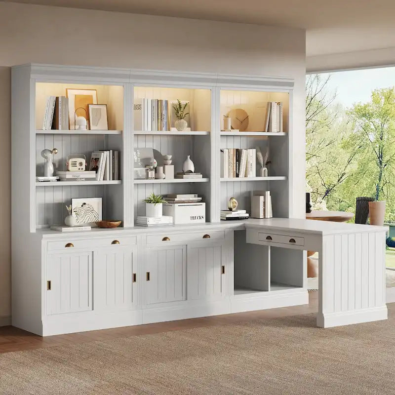 83.4Tall 2 Bookshelf & 1 Writting Desk Suite,Bookcase Suite with LED Lighting,Drawers,Study Desk and Open Shelves,3-Piece Set