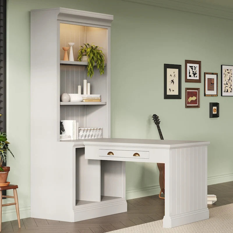 83.4Tall 2 Bookshelf & 1 Writting Desk Suite,Bookcase Suite with LED Lighting,Drawers,Study Desk and Open Shelves,3-Piece Set