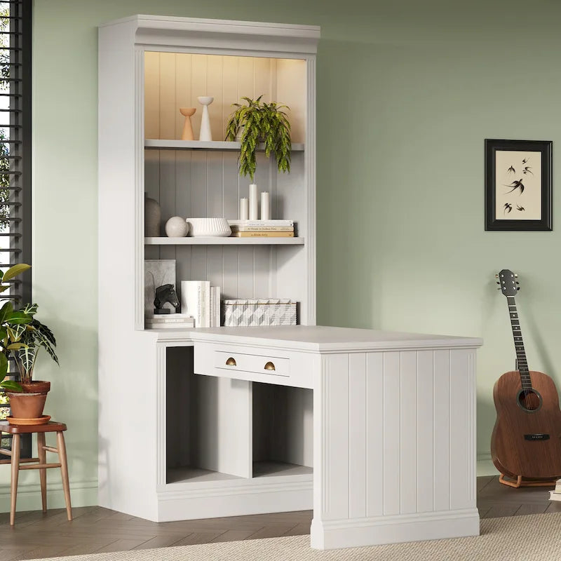 83.4Tall 2 Bookshelf & 1 Writting Desk Suite,Bookcase Suite with LED Lighting,Drawers,Study Desk and Open Shelves,3-Piece Set