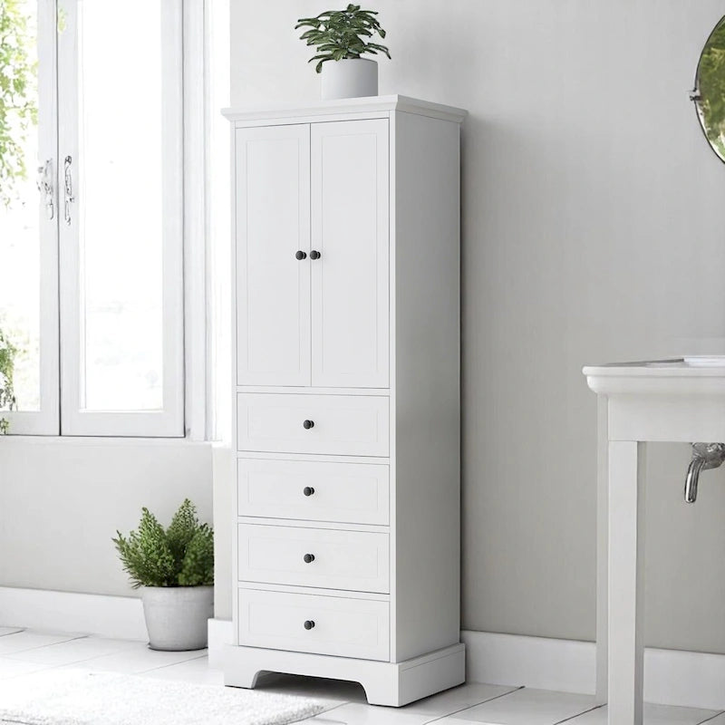 Freestanding White Bathroom Cabinet with 4 Drawers and 2 Doors, Adjustable Shelf, Waterproof MDF Storage Unit