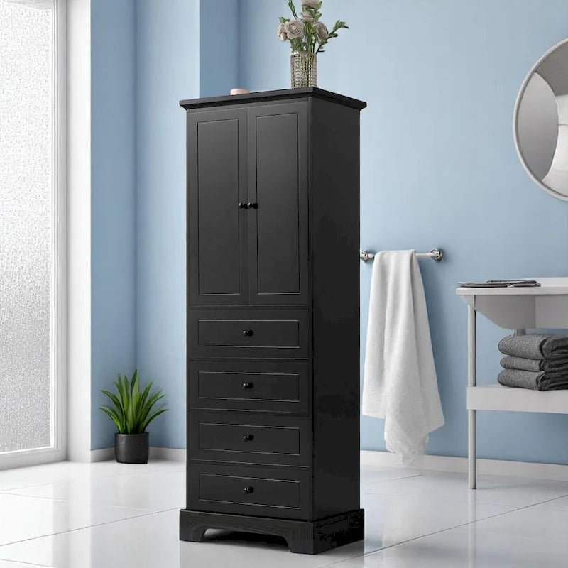 Freestanding White Bathroom Cabinet with 4 Drawers and 2 Doors, Adjustable Shelf, Waterproof MDF Storage Unit