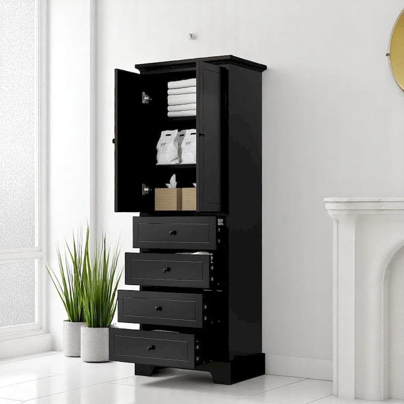 Freestanding White Bathroom Cabinet with 4 Drawers and 2 Doors, Adjustable Shelf, Waterproof MDF Storage Unit