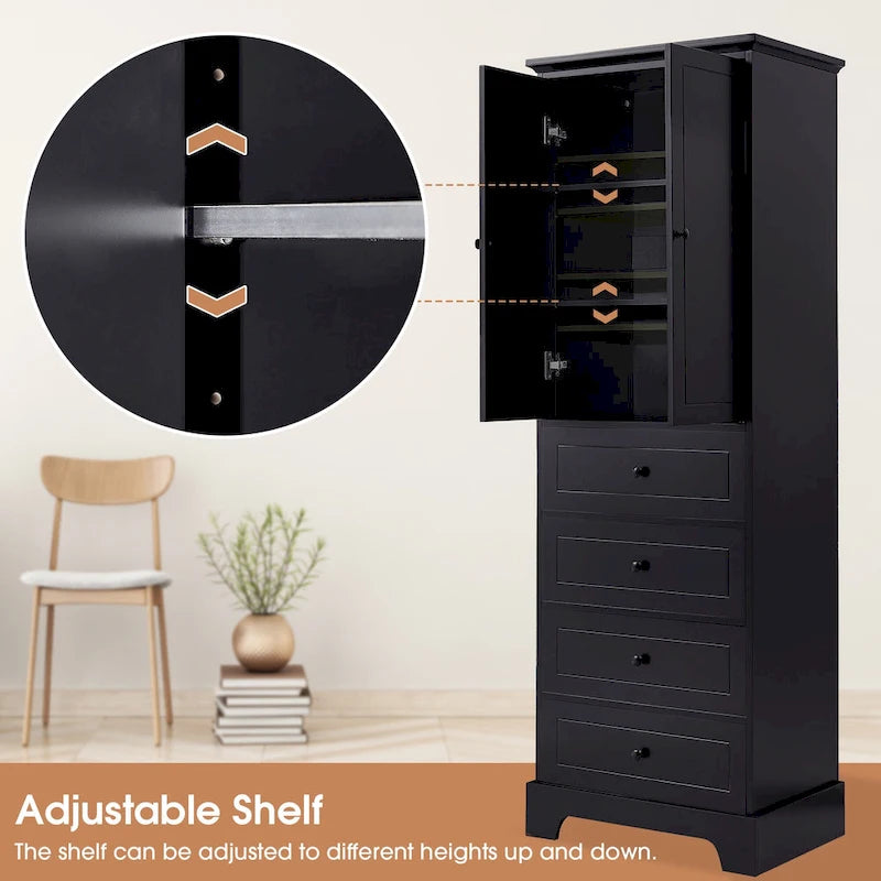 Freestanding White Bathroom Cabinet with 4 Drawers and 2 Doors, Adjustable Shelf, Waterproof MDF Storage Unit