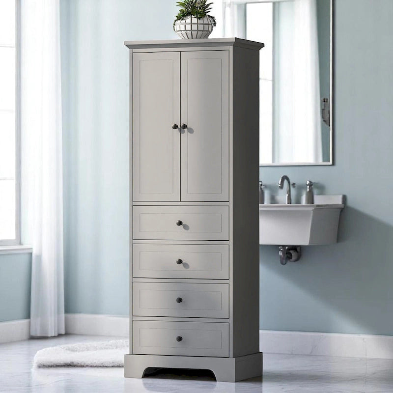 Freestanding White Bathroom Cabinet with 4 Drawers and 2 Doors, Adjustable Shelf, Waterproof MDF Storage Unit