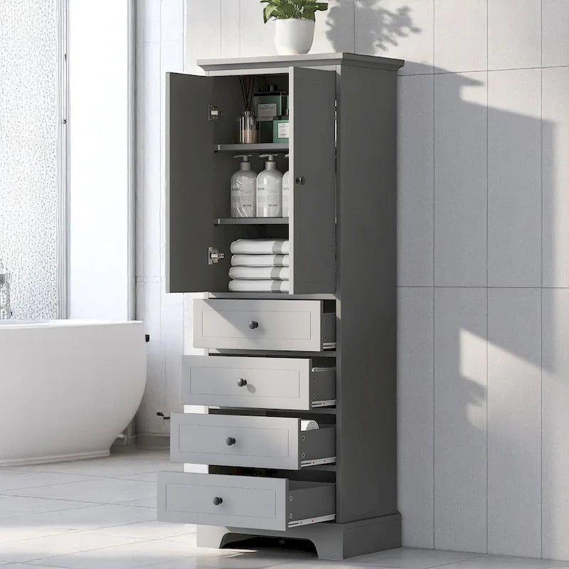 Freestanding White Bathroom Cabinet with 4 Drawers and 2 Doors, Adjustable Shelf, Waterproof MDF Storage Unit