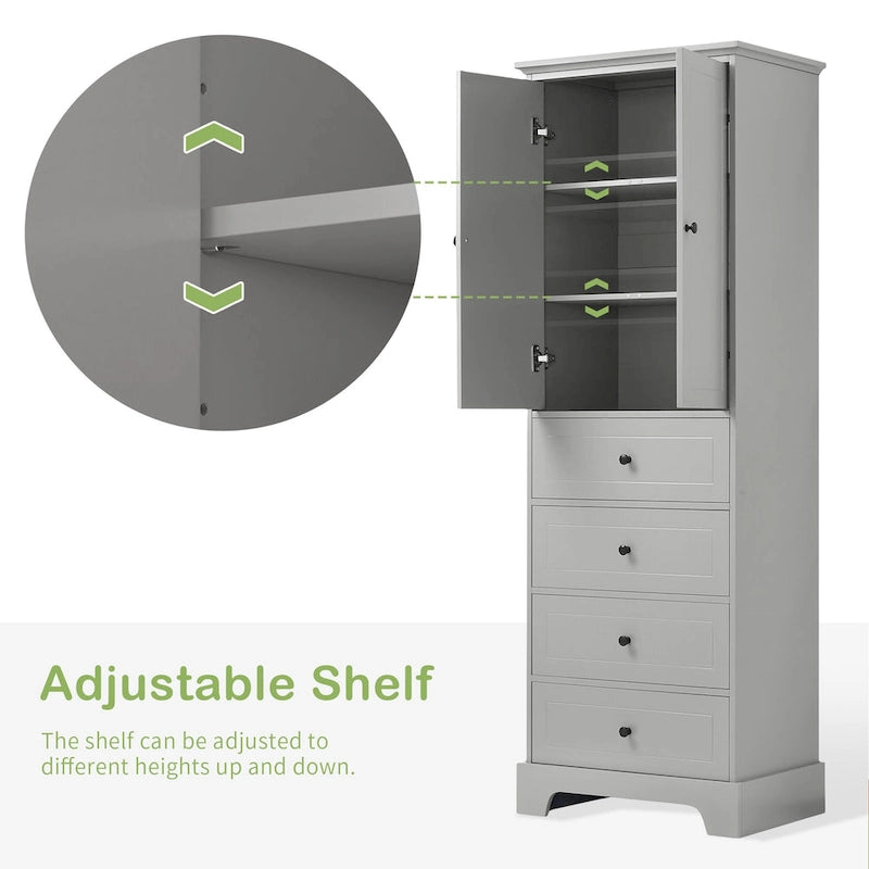 Freestanding White Bathroom Cabinet with 4 Drawers and 2 Doors, Adjustable Shelf, Waterproof MDF Storage Unit