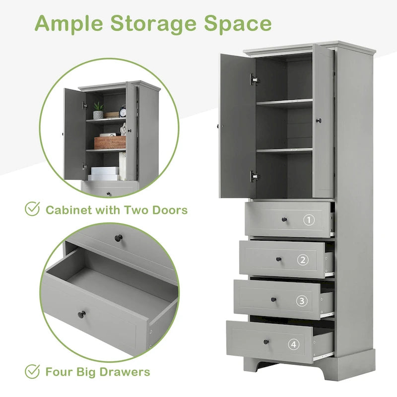 Freestanding White Bathroom Cabinet with 4 Drawers and 2 Doors, Adjustable Shelf, Waterproof MDF Storage Unit