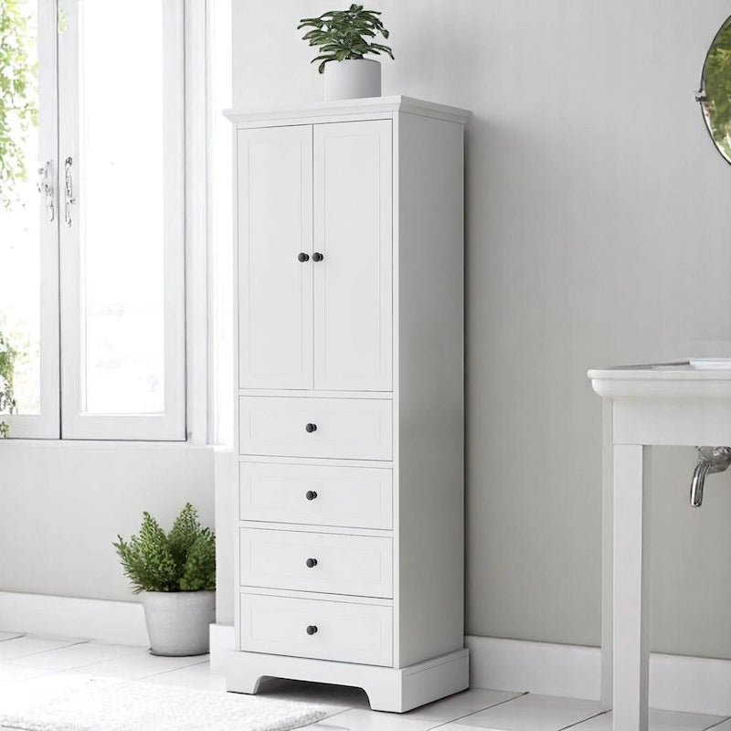 Freestanding White Bathroom Cabinet with 4 Drawers and 2 Doors, Adjustable Shelf, Waterproof MDF Storage Unit