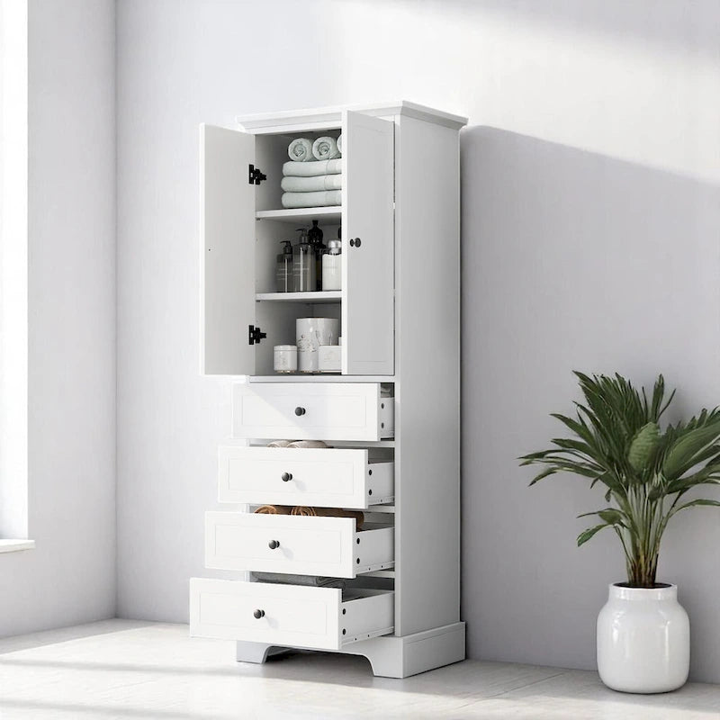 Freestanding White Bathroom Cabinet with 4 Drawers and 2 Doors, Adjustable Shelf, Waterproof MDF Storage Unit