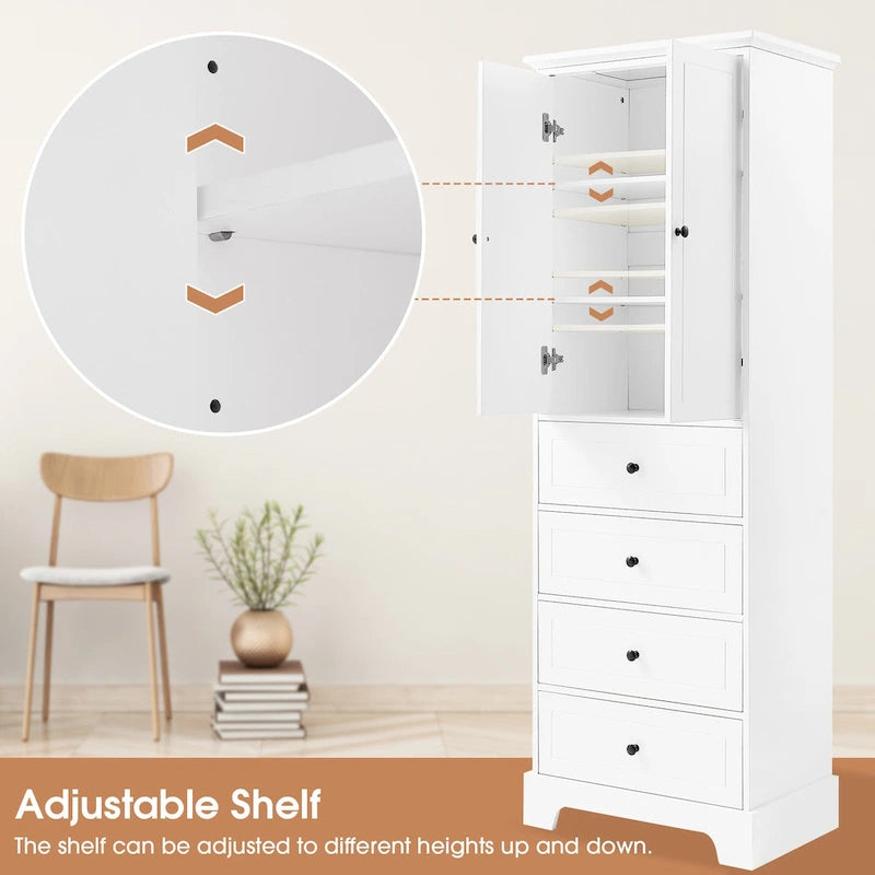 Freestanding White Bathroom Cabinet with 4 Drawers and 2 Doors, Adjustable Shelf, Waterproof MDF Storage Unit