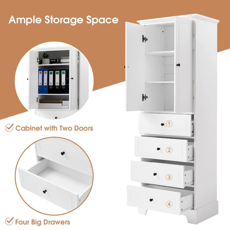 Freestanding White Bathroom Cabinet with 4 Drawers and 2 Doors, Adjustable Shelf, Waterproof MDF Storage Unit