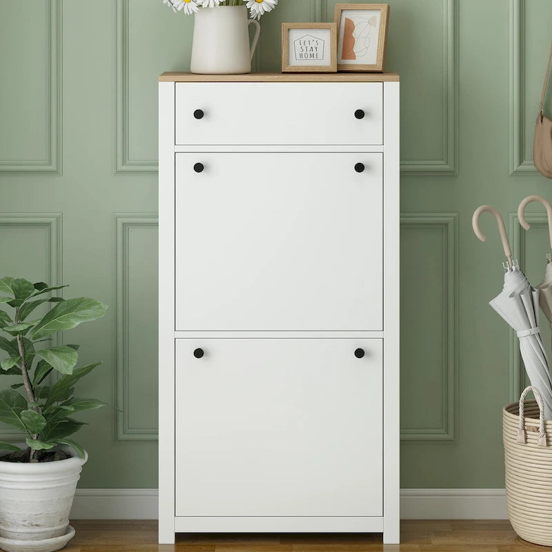 Wood Shoe Cabinet with 2 Flip Drawers and Adjustable Panel