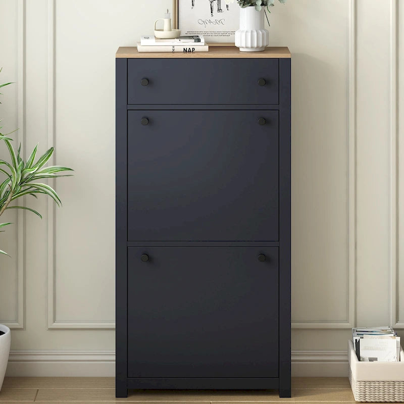 Wood Shoe Cabinet with 2 Flip Drawers and Adjustable Panel