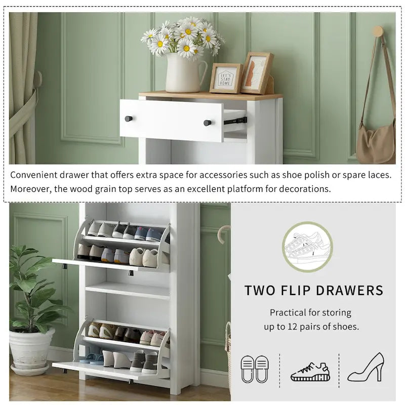 Wood Shoe Cabinet with 2 Flip Drawers and Adjustable Panel