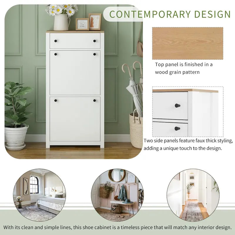 Wood Shoe Cabinet with 2 Flip Drawers and Adjustable Panel