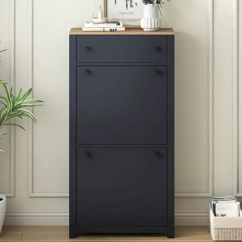 Wood Shoe Cabinet with 2 Flip Drawers and Adjustable Panel