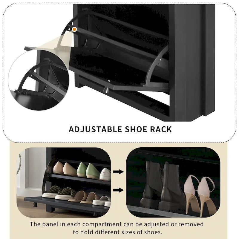 Wood Shoe Cabinet with 2 Flip Drawers and Adjustable Panel
