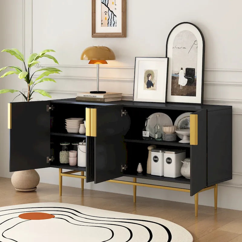 4-door Sideboard Gold Metal Handle Buffet Cabinet - N/A