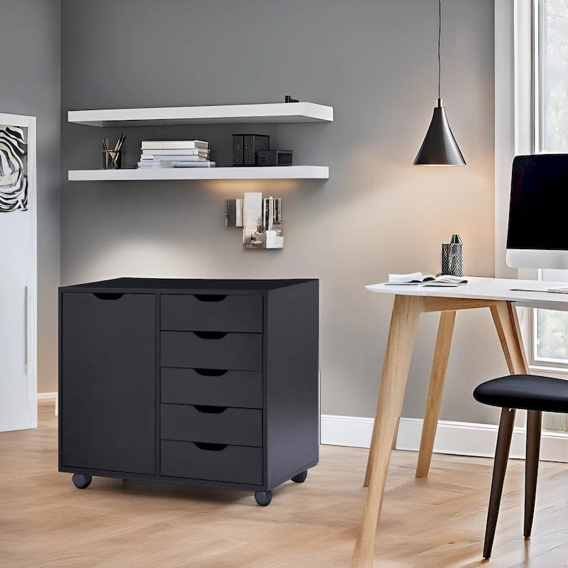 Wooden 5-Drawer Office Storage Cabinet with Extra Shelf and 360 Mobility for Effortless Organization