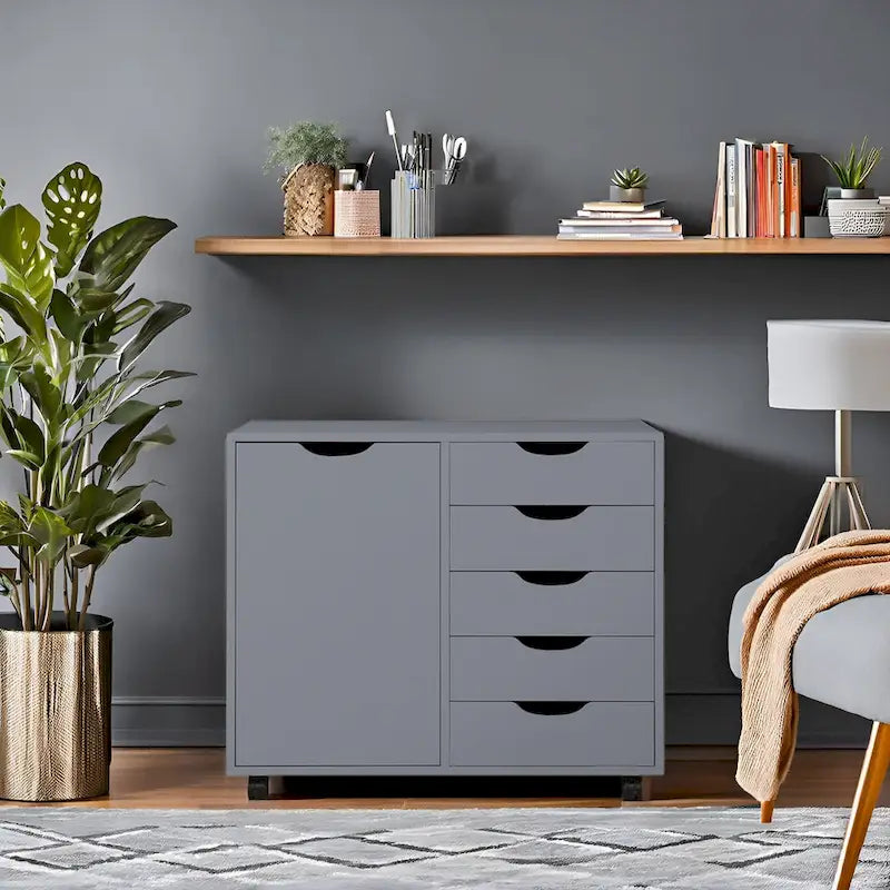 Wooden 5-Drawer Office Storage Cabinet with Extra Shelf and 360 Mobility for Effortless Organization