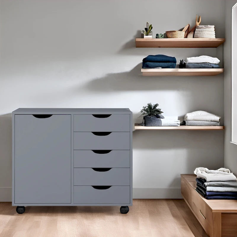 Wooden 5-Drawer Office Storage Cabinet with Extra Shelf and 360 Mobility for Effortless Organization