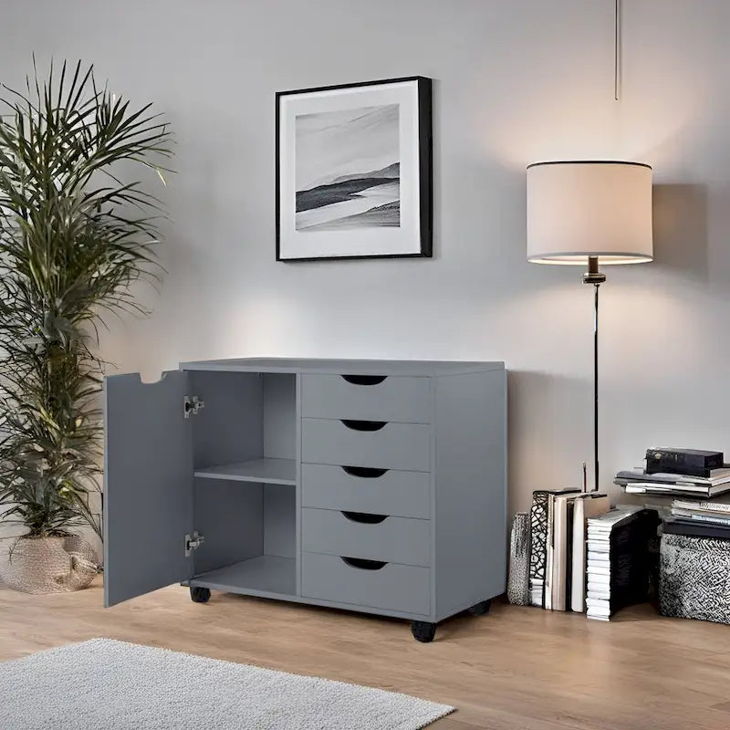 Wooden 5-Drawer Office Storage Cabinet with Extra Shelf and 360 Mobility for Effortless Organization