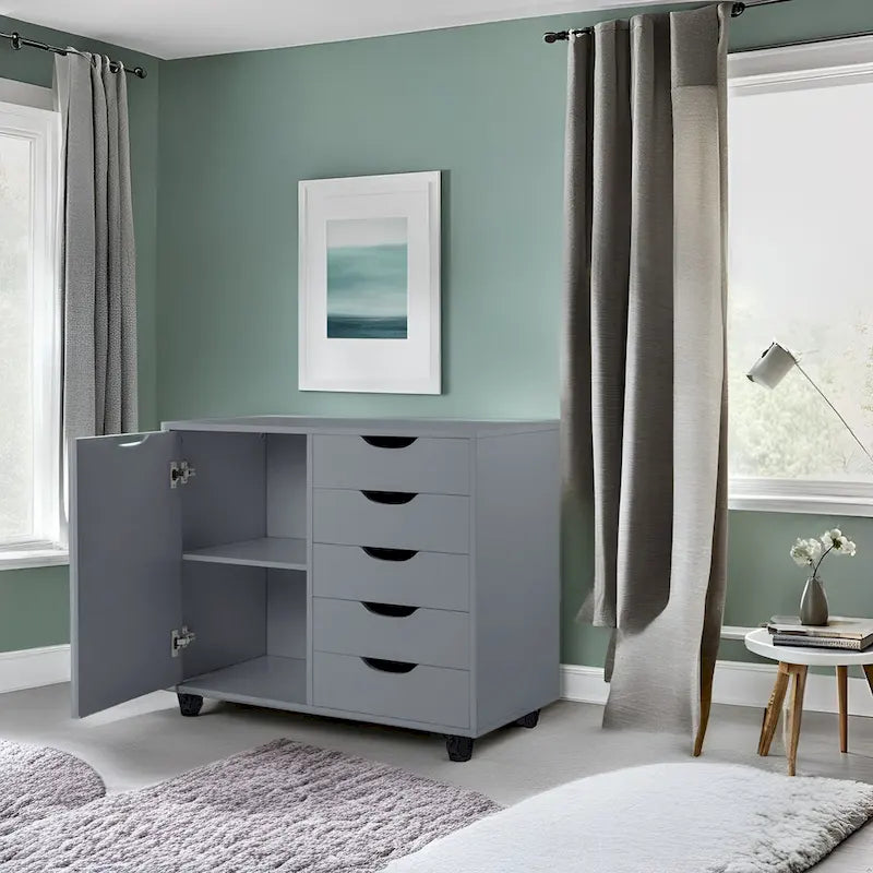 Wooden 5-Drawer Office Storage Cabinet with Extra Shelf and 360 Mobility for Effortless Organization