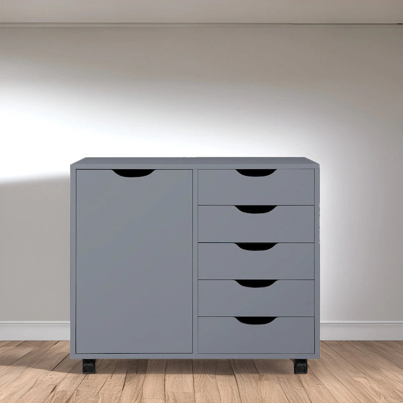 Wooden 5-Drawer Office Storage Cabinet with Extra Shelf and 360 Mobility for Effortless Organization