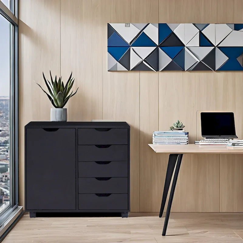 Wooden 5-Drawer Office Storage Cabinet with Extra Shelf and 360 Mobility for Effortless Organization