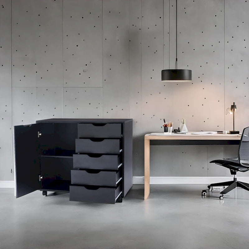 Wooden 5-Drawer Office Storage Cabinet with Extra Shelf and 360 Mobility for Effortless Organization
