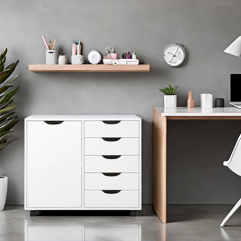 Wooden 5-Drawer Office Storage Cabinet with Extra Shelf and 360 Mobility for Effortless Organization