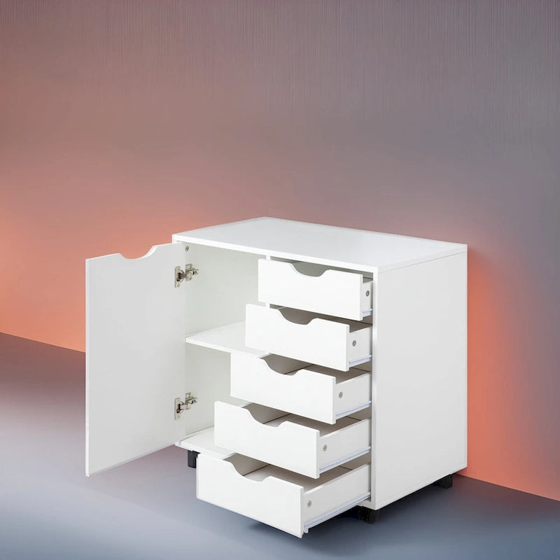 Wooden 5-Drawer Office Storage Cabinet with Extra Shelf and 360 Mobility for Effortless Organization
