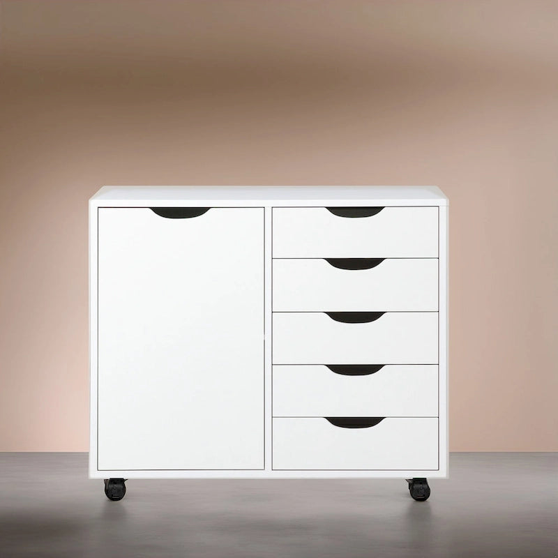 Wooden 5-Drawer Office Storage Cabinet with Extra Shelf and 360 Mobility for Effortless Organization