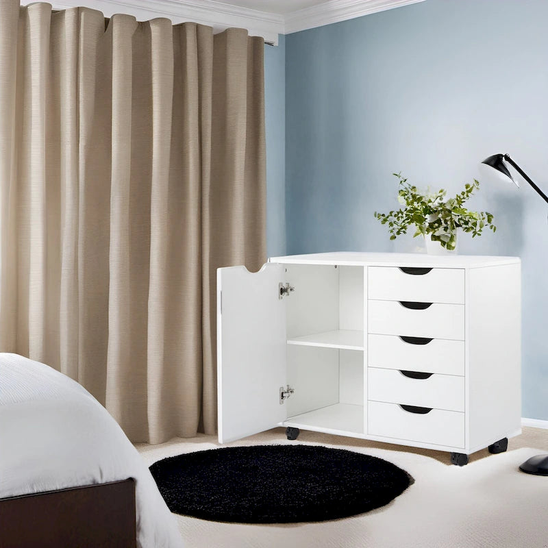 Wooden 5-Drawer Office Storage Cabinet with Extra Shelf and 360 Mobility for Effortless Organization